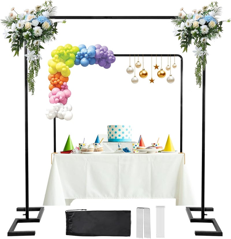 ParseBio Square Backdrop Stand, 8.2FT Black Wedding Arch, Heavy Duty Balloon Arch Stand, Over The Table Rod Stand with Clamps, Adjustable Photo Booth Background, Backdrop Frame for Valentines Day Party - Image 1